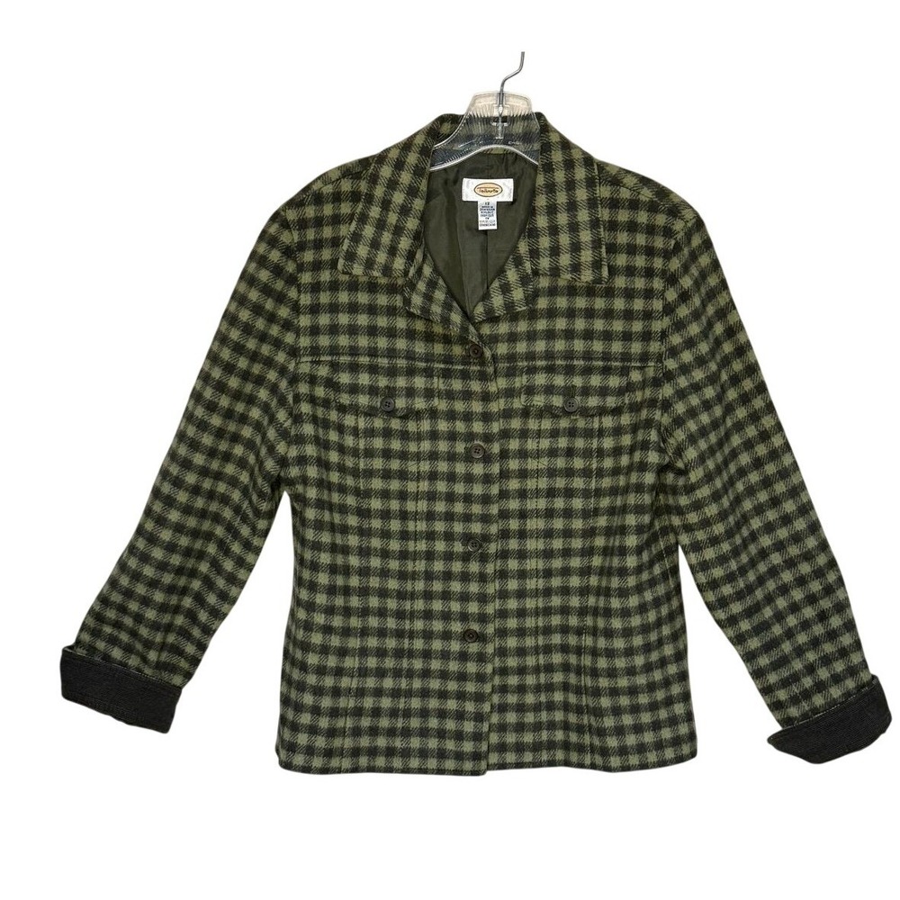 Talbots‎ Vtg Green Houndstooth Wool Blend Shacket Blazer Corduroy Cuff Size 12